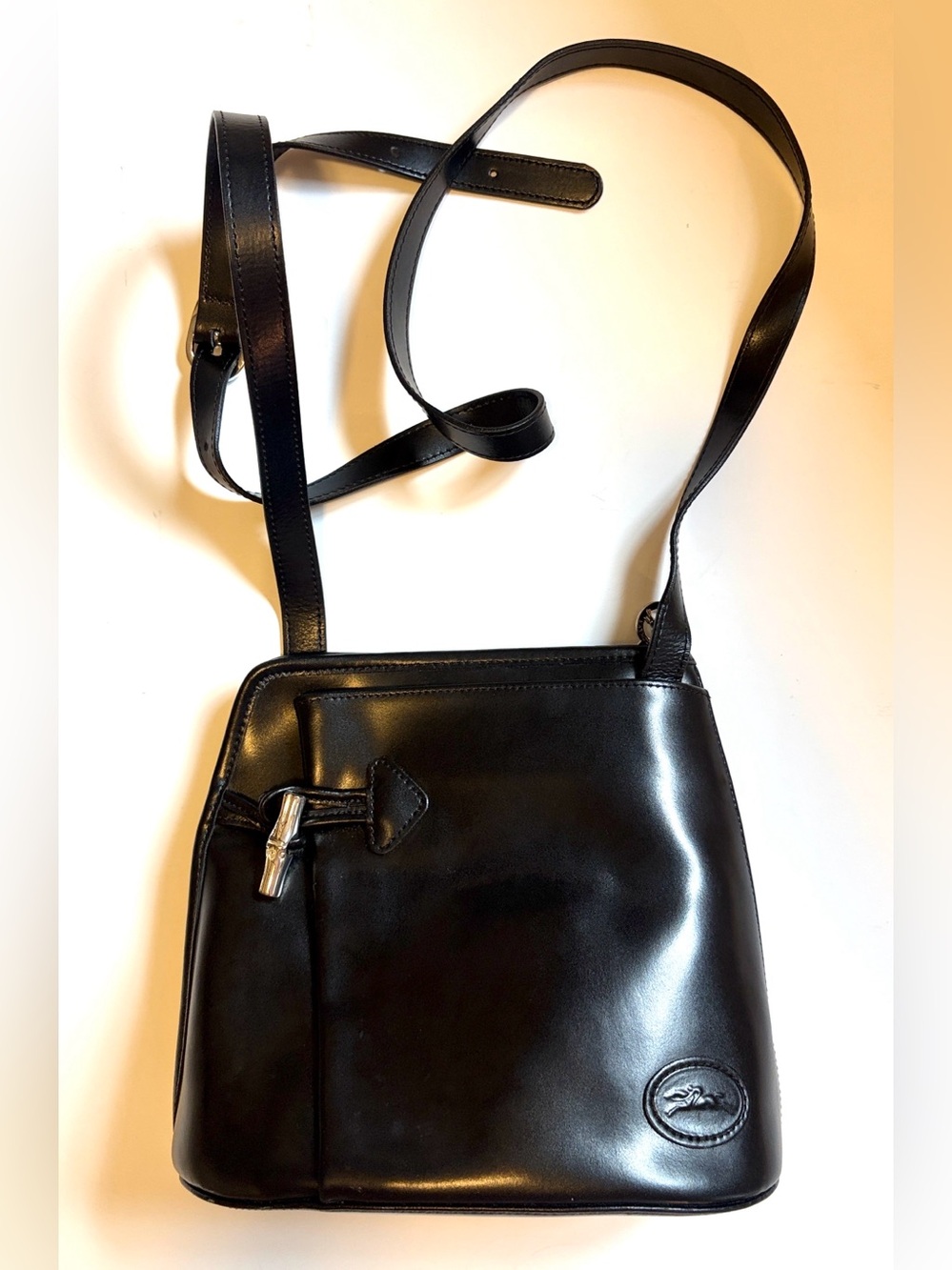 Longchamp Le Roseau Bag Shoulder Crossbody Bucket Black Leather Bag Vintage - Picture 2 of 16